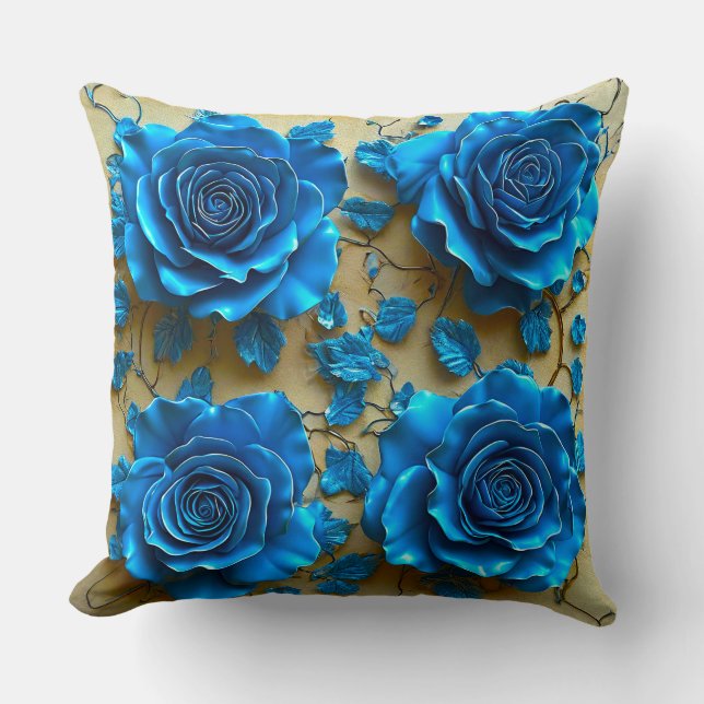 Blauwe 3d rozen kussen (Voorkant)