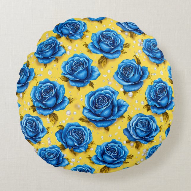 Blauwe 3d rozen rond kussen (Voorkant)