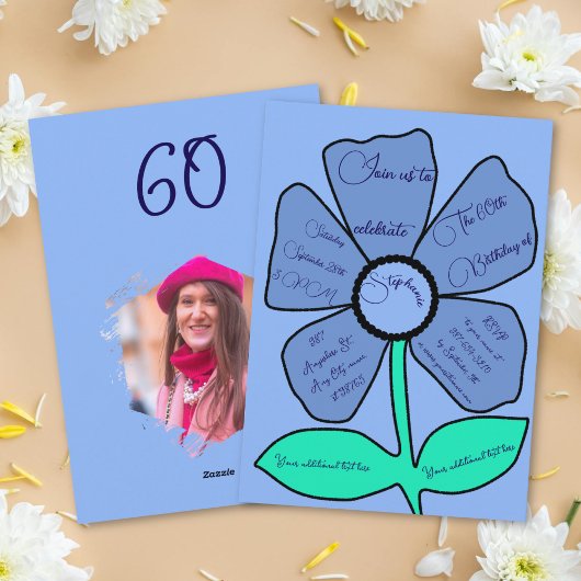 Blauwe 60ste verjaardag Eenvoudige Doodle Flower Kaart