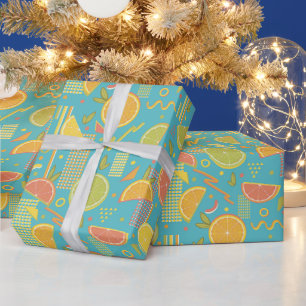 Blauwe 80’s citrusvruchten plakjes cadeaupapier