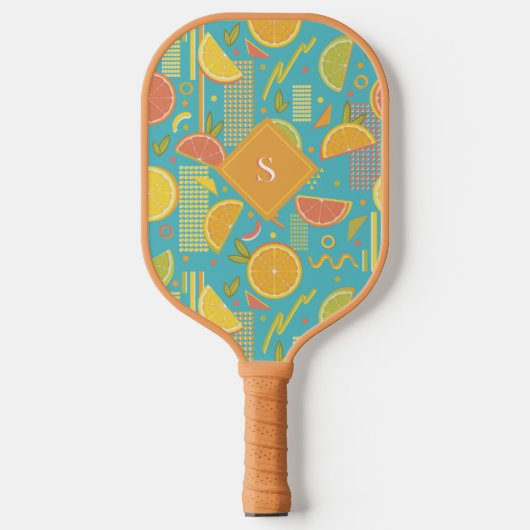 Blauwe 80’s citrusvruchten plakjes pickleball paddle (Voorkant)