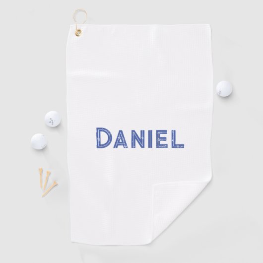 Blauwe aangepaste naam op wit golfhanddoek (Insitu)
