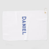 Blauwe aangepaste naam op wit golfhanddoek (Horizontaal)