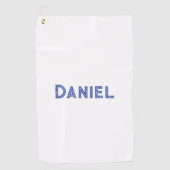 Blauwe aangepaste naam op wit golfhanddoek (Voorkant)