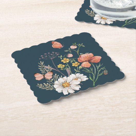 Blauwe Abrikoos Perzik Roze Wildflower Square Kartonnen Onderzetters (Gebogen)