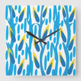 Blauwe Abstracte bladeren  Natuur Vierkante Klok