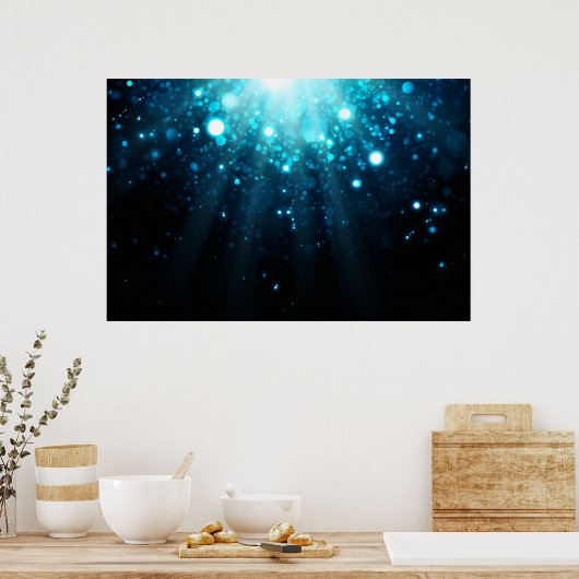 Blauwe abstracte bokeh op blauwe achtergrond. poster (Keuken)