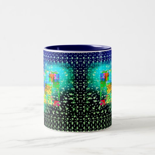 Blauwe Abstracte geometrische sterren, helder groe Tweekleurige Koffiemok (Center)