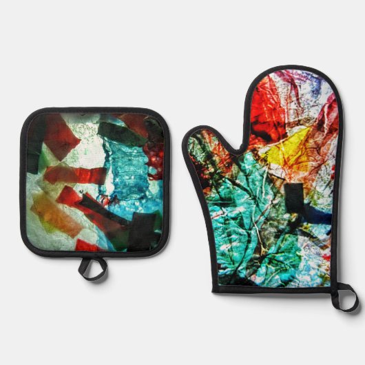 Blauwe abstracte pannenhouder en ovenhandschoen, H Ovenwant & Pannenlap Set (Voorkant)