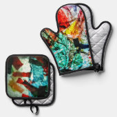 Blauwe abstracte pannenhouder en ovenhandschoen, H Ovenwant & Pannenlap Set (Voorkant / Achterkant)