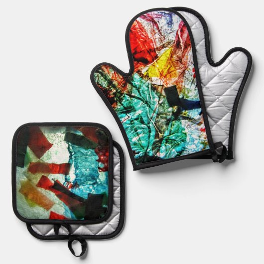 Blauwe abstracte pannenhouder en ovenhandschoen, H Ovenwant & Pannenlap Set (Voorkant / Achterkant)