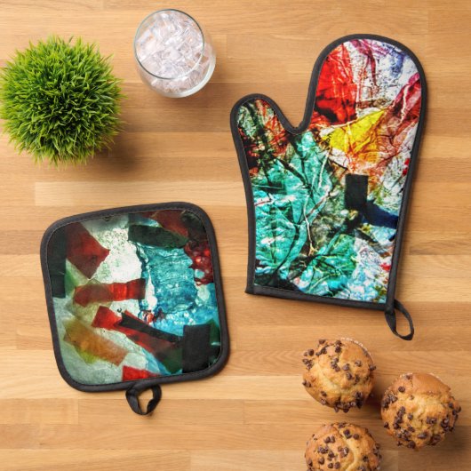 Blauwe abstracte pannenhouder en ovenhandschoen, H Ovenwant & Pannenlap Set (Top down)