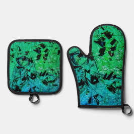 Blauwe abstracte pannenlap en oven, Mooie groene Ovenwant & Pannenlap Set
