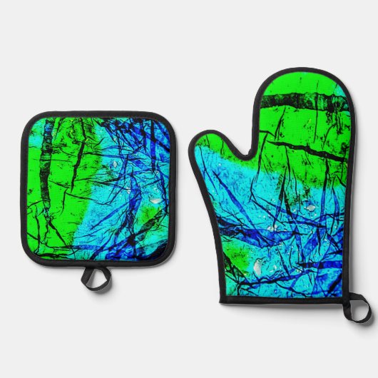 Blauwe abstracte rimpelpothouder en ovenhandschoen ovenwant & pannenlap set (Voorkant)