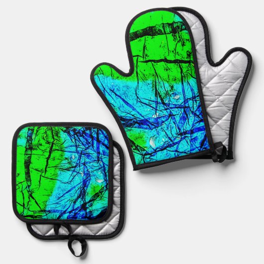 Blauwe abstracte rimpelpothouder en ovenhandschoen ovenwant & pannenlap set (Voorkant / Achterkant)