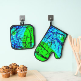 Blauwe abstracte rimpelpothouder en ovenhandschoen ovenwant & pannenlap set