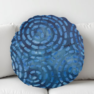 Blauwe Abstracte Spiralen Boho Batik Rond Kussen