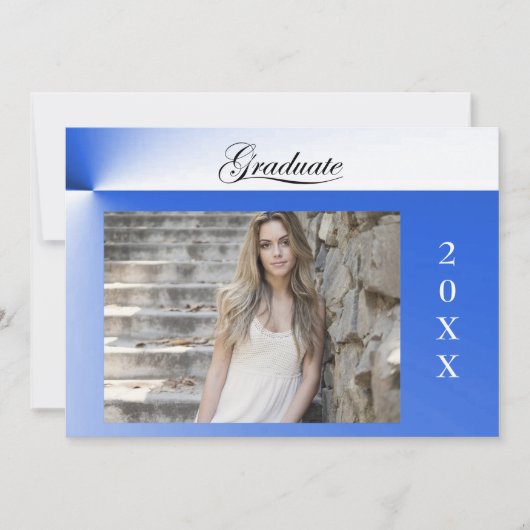 Blauwe abstracte uitnodiging met foto voor eindexa (Voorkant)