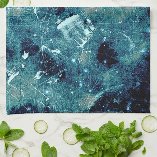 Blauwe abstracte verfgrunge digitale kunst theedoek (Gevouwen)