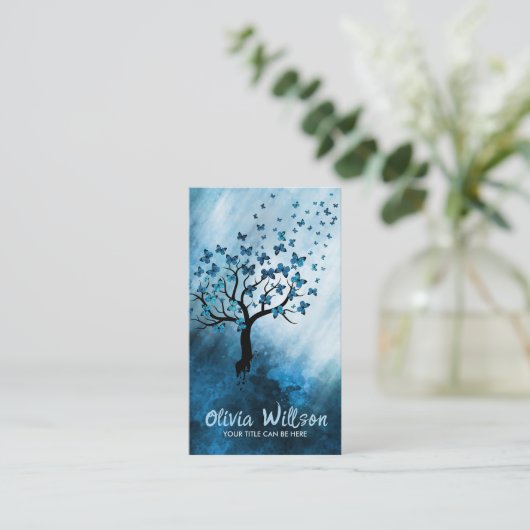 Blauwe Abstracte vlinderboom Visitekaartje (Staand voorkant)