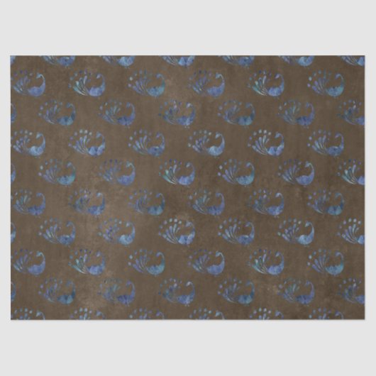 Blauwe Abstracte voetzoekers op bruine ontkoppelin Tissuepapier (Voorkant)