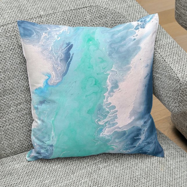 Blauwe Abstracte Watergolven Worp Kussen Levendig (Creator heeft geüpload)