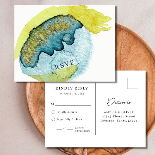 Blauwe Abstracte Waterverf Kunst Unieke Bruiloft R Briefkaart