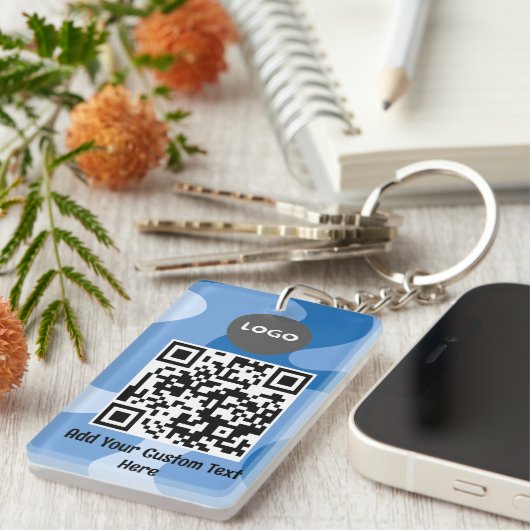 Blauwe Abstracte Wave Custom Logo & QR Business Sleutelhanger (Voorkant Rechts)