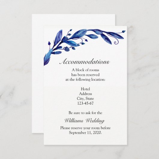 Blauwe accommodatie. Winter bruiloft details. Info Informatiekaartje (Voorkant / Achterkant)