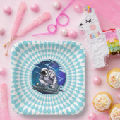 Blauwe achtergrond Astronaut DJ Music Space Papieren Bordje (Feest)