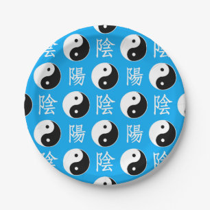 Blauwe achtergrond Chinese Yinyang-patroon Papieren Bordje