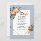Blauwe achtergrond Kleurrijke Waterverf Floral Wed Kaart (Voorkant)