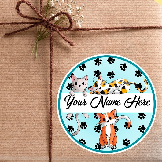 Blauwe achtergrond met Cute kittens Ronde Sticker