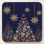 Blauwe achtergrond met gouden kerstboom bier onderzetter (Voorkant)