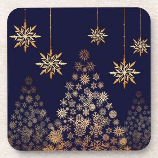 Blauwe achtergrond met gouden kerstboom bier onderzetter (Voorkant)