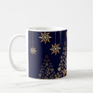 Blauwe achtergrond met gouden kerstboom koffiemok