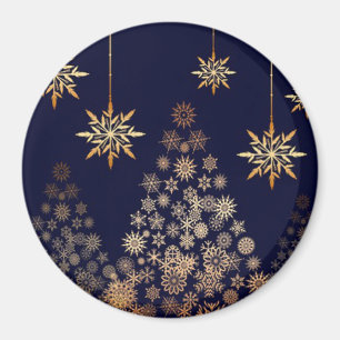 Blauwe achtergrond met gouden kerstboom magneet