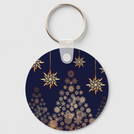 Blauwe achtergrond met gouden kerstboom sleutelhanger (Voorkant)