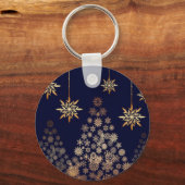 Blauwe achtergrond met gouden kerstboom sleutelhanger (Voorkant)