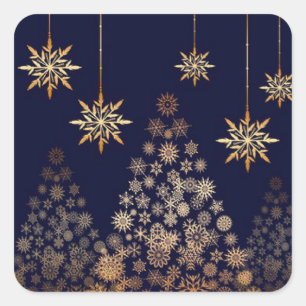 Blauwe achtergrond met gouden kerstboom vierkante sticker