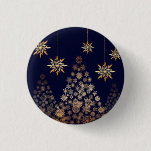 Blauwe achtergrond met gouden kerstvierkant ronde button 3,2 cm