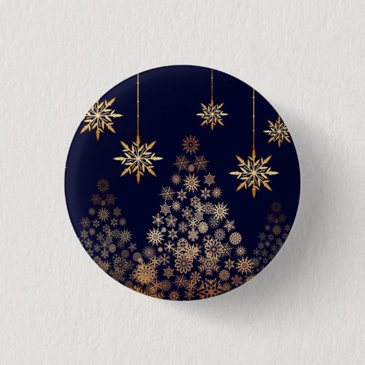 Blauwe achtergrond met gouden kerstvierkant ronde button 3,2 cm (Voorkant)
