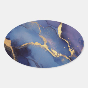 Blauwe achtergrond met gouden strepen en stippen ovale sticker
