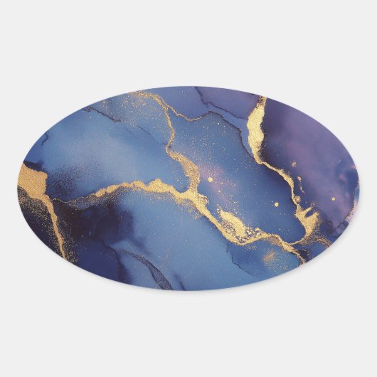 Blauwe achtergrond met gouden strepen en stippen ovale sticker (Voorkant)