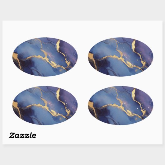 Blauwe achtergrond met gouden strepen en stippen ovale sticker (Vel)