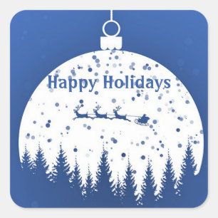 Blauwe achtergrond met kerstbal en dennenboom vierkante sticker
