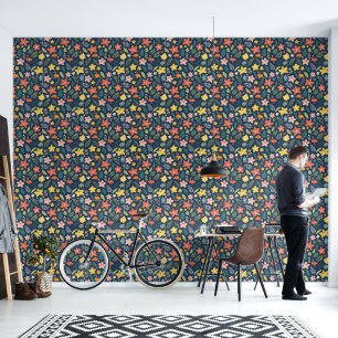 Blauwe achtergrond met tropische bloemen behang