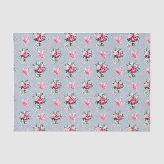 Blauwe achtergrond, Roze Bloemen en Harten Tissuepapier (Voorkant)