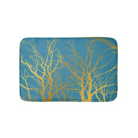 Blauwe achtergrond van gouden boomvertakkingen badmat (Voorkant)