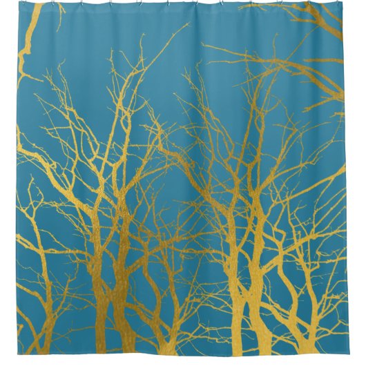 Blauwe achtergrond van gouden boomvertakkingen douchegordijn (Voorkant)